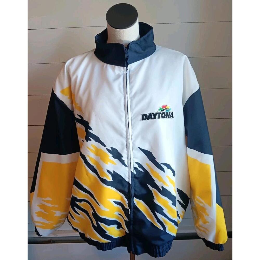 Vtg Daytona Hartwell Jacket Adult L White Blue Yellow Lined Windbreaker 90s